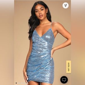 SOLD Lulus Light Blue Sequin Faux Wrap Mini Dress, Size Small